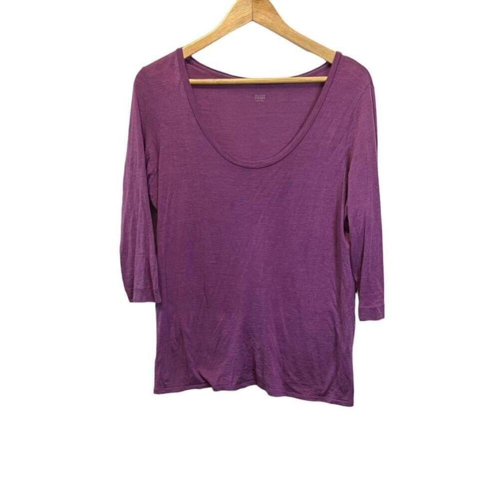 EILEEN FISHER Silk and Cotton Blend Purple Scoop Neck 3/4 Sleeve Top L